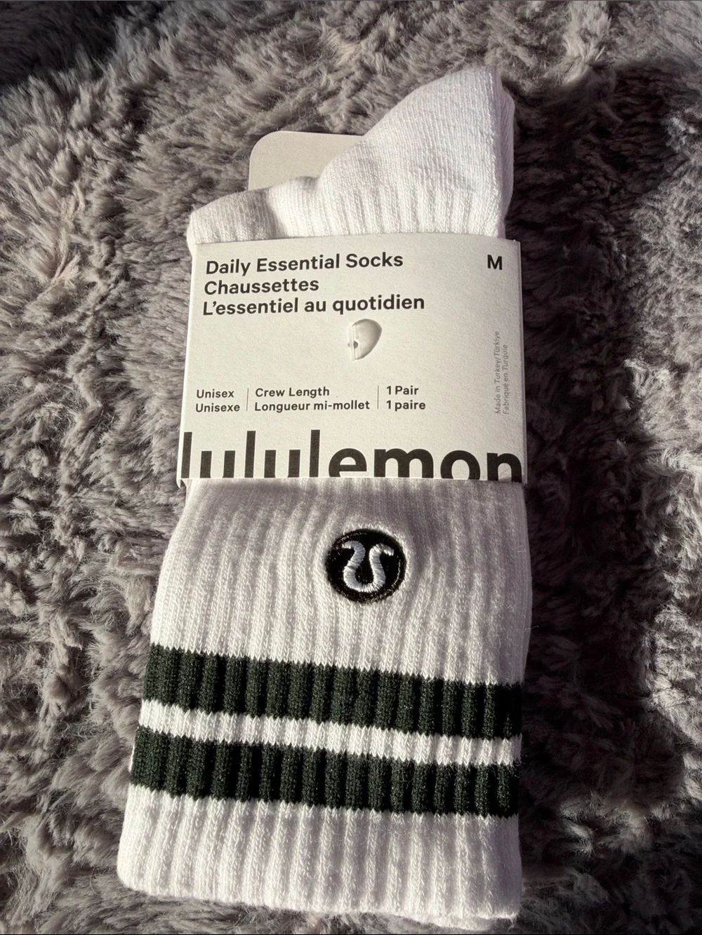 lululemon athletica White Crew Socks with Dark Green Stripe